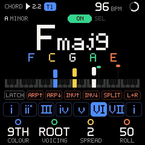 CHORD: A minor, 9TH, SPREAD 2, ROLL 50, mid-strum