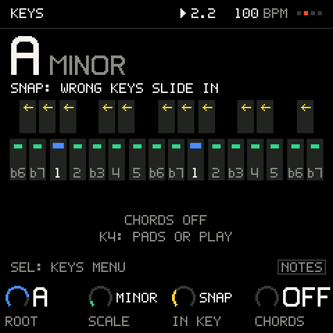 KEYS: A minor, SNAP on. The picture is the keybed: yellow arrows show where a wrong key slides to
