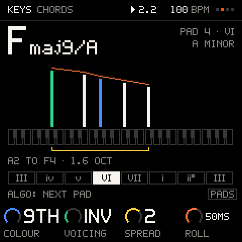 Chord pads: the eight white keys from C, each lit with its chord
