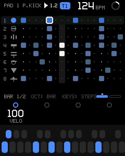 PAD 1 P.KICK: bar 1 of 2, the cursor on step 6