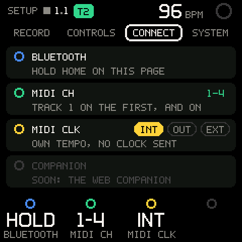 SETUP > CONNECT: MIDI CH 1-4, MIDI CLK INT