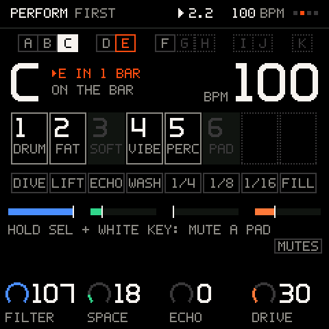 PERFORM: scenes A to K, the tempo, eight track cells, eight punch-ins, four throws