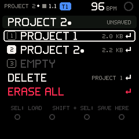 The PROJECT page: PROJECT 2 with unsaved changes, two slots saved