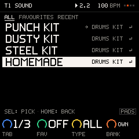Your own kit in PRESETS, under KITS after PUNCH, DUSTY and STEEL, with OWN on K4