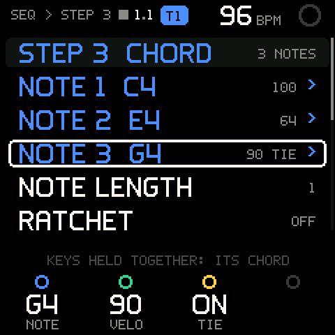 SEQ > STEP 3: each note its own velocity and tie
