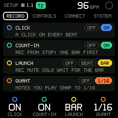SETUP, the RECORD tab
