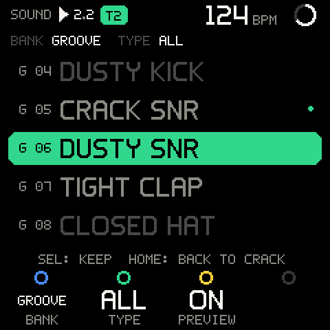 The browser: DUSTY SNR loaded on T2, the dot marks CRACK SNR, the sound T2 had