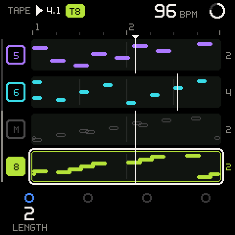 Eight tracks: T5 to T8 in view, T7 muted, the scroll bar at the left