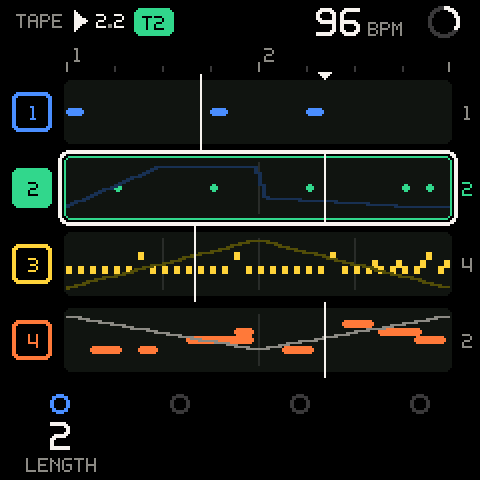 Automation lanes on TAPE: T2's TONE, T3's DECAY, T4's level