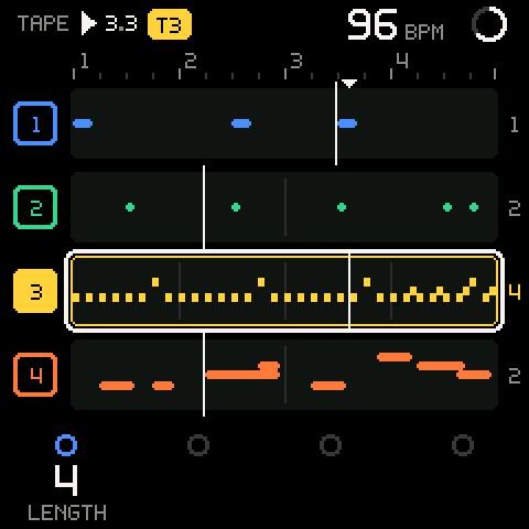 Tracks of 1, 2, 4 and 2 bars