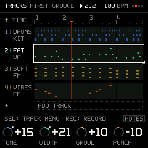 TRACKS: four tracks of FIRST GROOVE, TIME row on top, + ADD TRACK at the bottom