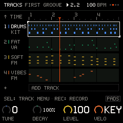 A KIT track: K1 to K4 are the selected pad's TUNE, DECAY, LEVEL and the kit's VELO