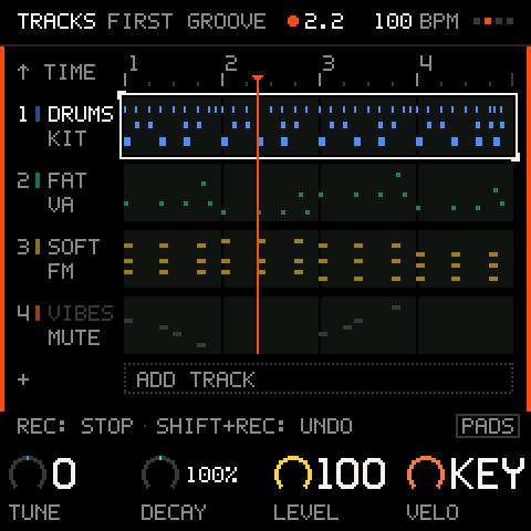 Recording on T1: the screen's edges are lit and the lane shows its knob lanes