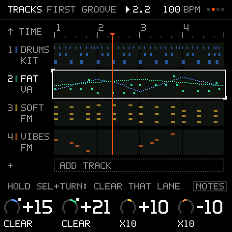 Hold SEL: the track's knob lanes, with CLEAR on each knob