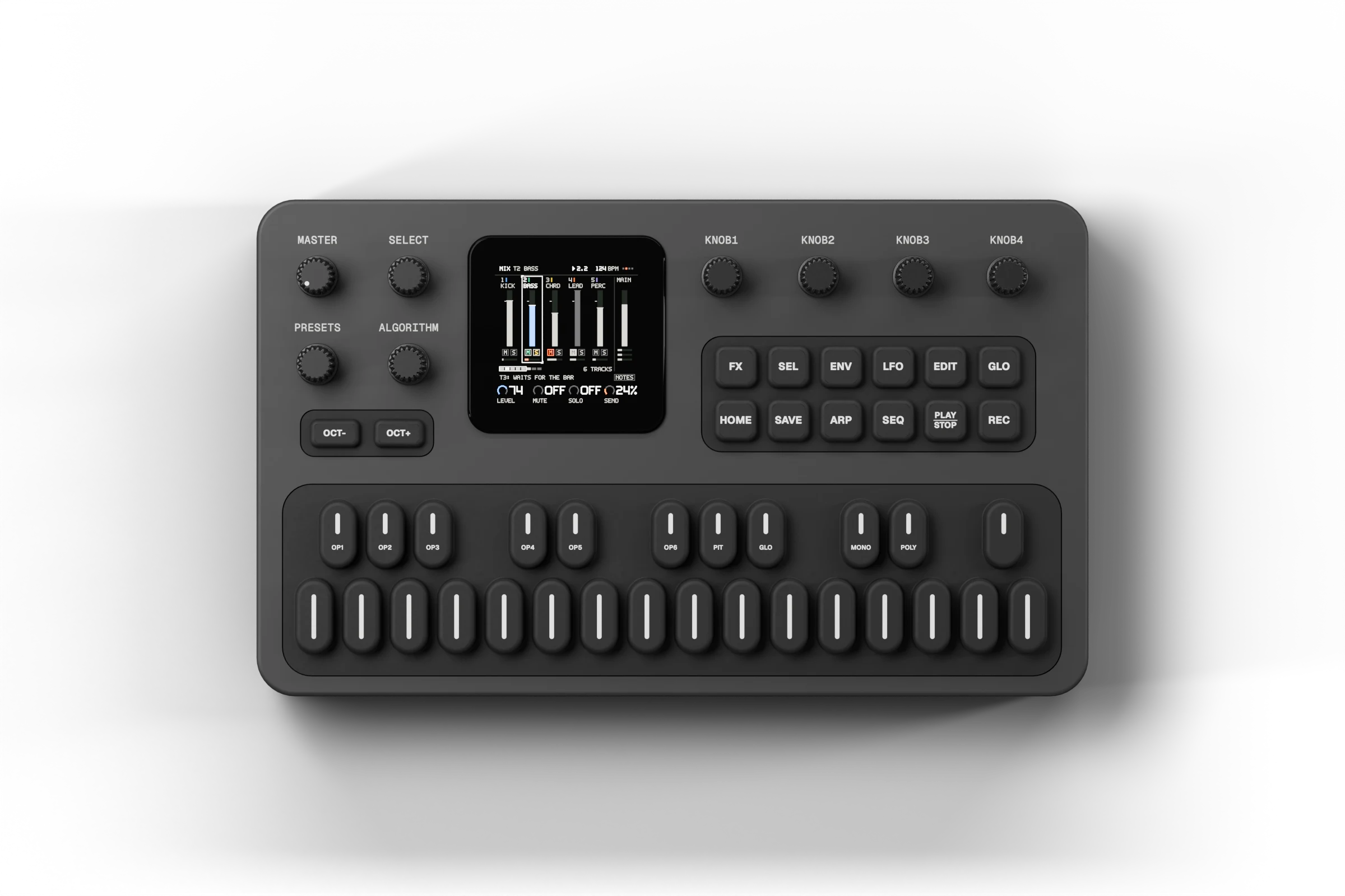 The FM-1 from above, running Groove OS: PERFORM with a scene captured, two mutes landing on the bar, a punch-in held and the FX thrown