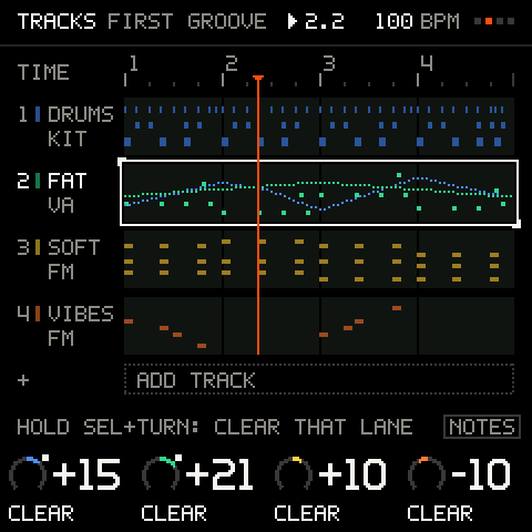 Hold SEL on TRACKS: the track's knob lanes over its notes.