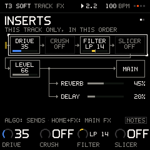 TRACK FX on the FM-1: a track's DRIVE, CRUSH, FILTER and SLICER, then its level and its two sends
