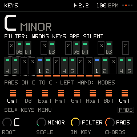 FILTER: wrong keys stay silent; chord PADS on the left hand.