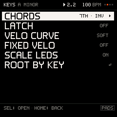 The KEYS menu: CHORDS, LATCH, VELO CURVE, FIXED VELO, SCALE LEDS, ROOT BY KEY.