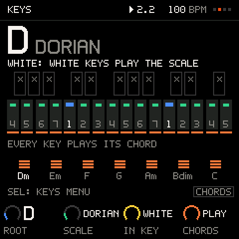 WHITE: the scale on the white keys; CHORDS PLAY: every key plays its chord.
