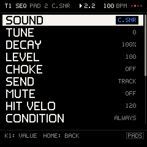 The PAD menu: SOUND, TUNE, DECAY, LEVEL, CHOKE, SEND, MUTE, HIT VELO, CONDITION ...