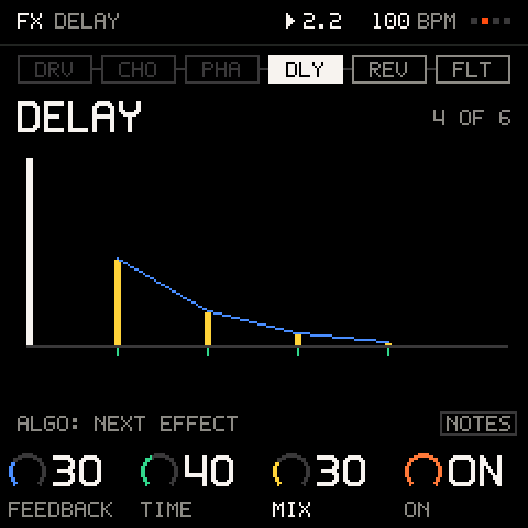 FX, one effect at a time in chain order, each with its picture: DELAY, the repeats drawn.