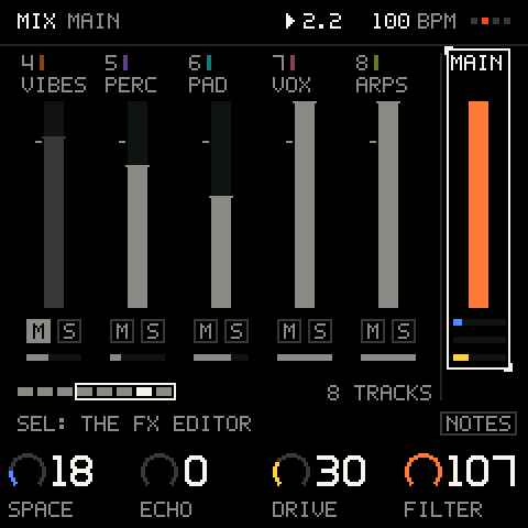 MAIN: SPACE, ECHO, DRIVE, FILTER for the whole mix; SEL opens the FX.