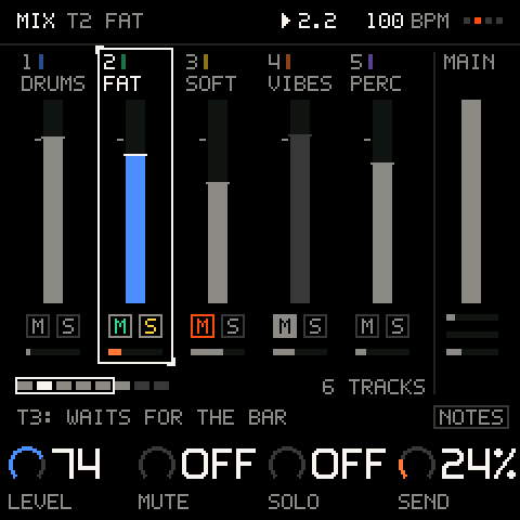 MIX: a strip per track, LEVEL, MUTE, SOLO and SEND on the knobs, MAIN pinned.