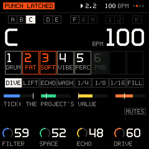 A punch-in latched: DIVE, held over the mix.