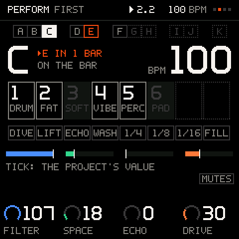 PERFORM: scenes on the black keys, mutes and punch-ins on the white