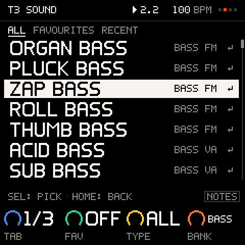PRESETS: one list by type, FM, VA and KIT side by side; turn to audition.