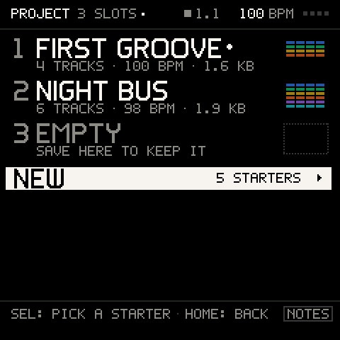 Groove OS: PROJECT · NEW, the five starters, ADD TRACK and TRACKS