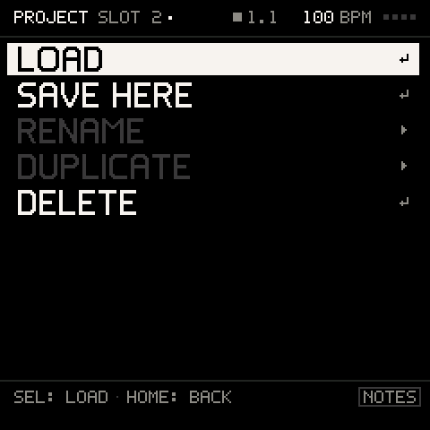 A slot: LOAD, SAVE HERE, RENAME, DUPLICATE, DELETE.