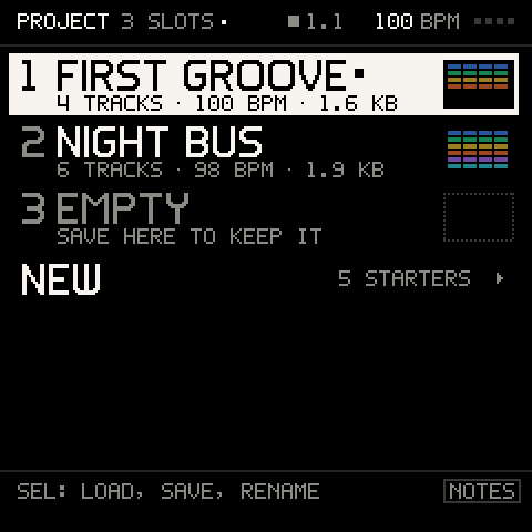 PROJECT: three slots, each with its tracks, tempo and size