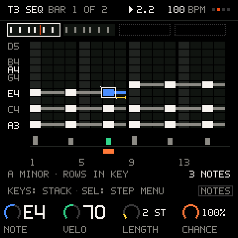 SEQ: a pattern as a grid in key, chords stacked on the steps