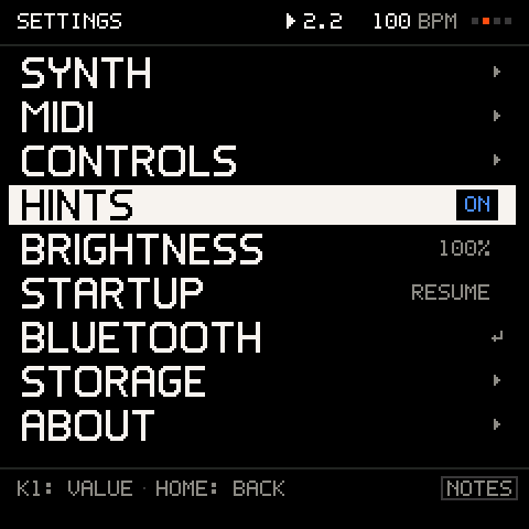 SETTINGS: the top level, from SYNTH and MIDI to STORAGE and ABOUT.