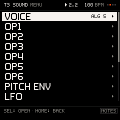 The FM SOUND menu: VOICE, OP1–OP6, PITCH ENV, LFO, AMP ENV, PLAY, NAME.