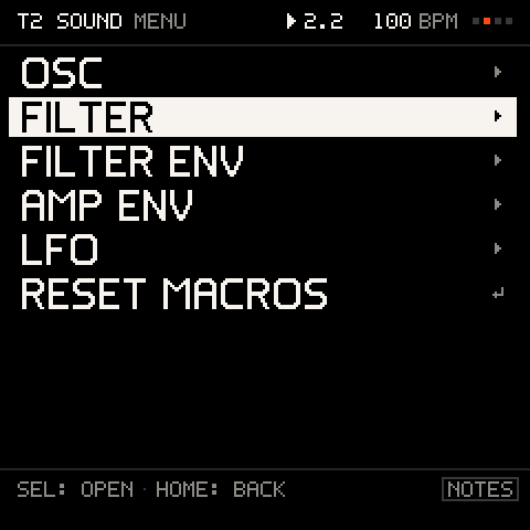 The VA SOUND menu: OSC, FILTER, FILTER ENV, AMP ENV, LFO.