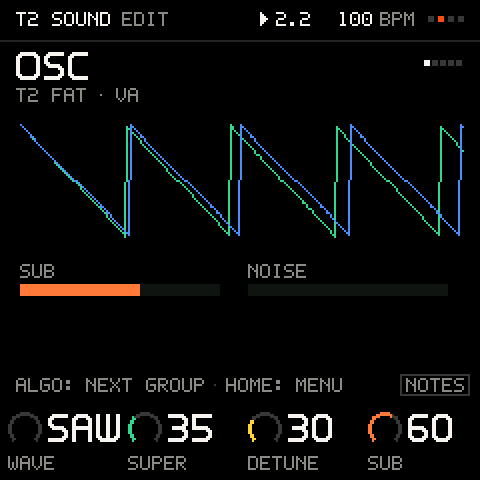 The VA oscillator: wave, SUPER copies, detune, sub and noise.