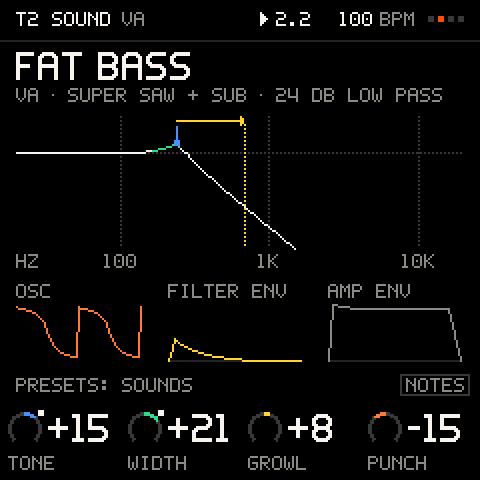 SOUND on a VA track: the filter's response drawn as the four macros shape it