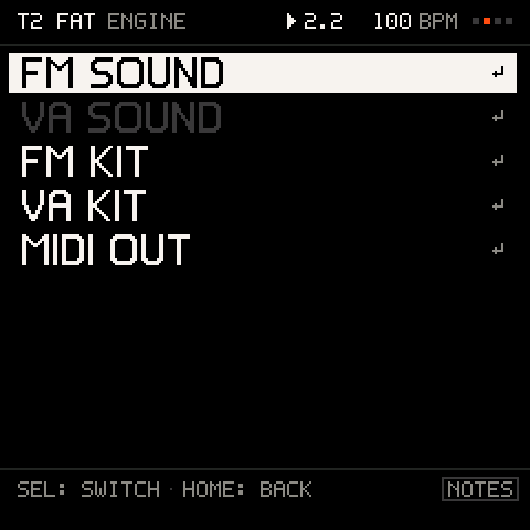 ENGINE: a track is an FM SOUND, a VA SOUND, an FM KIT, a VA KIT or MIDI OUT.