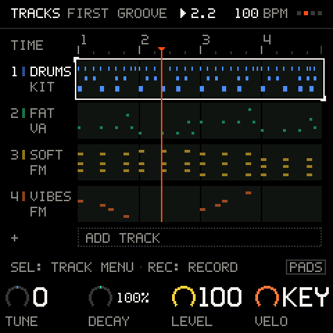 A KIT track selected: K1–K4 are the pad's TUNE, DECAY, LEVEL and VELO.