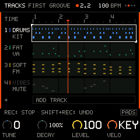 Recording onto a lane: the header turns red, the take lands as you play.
