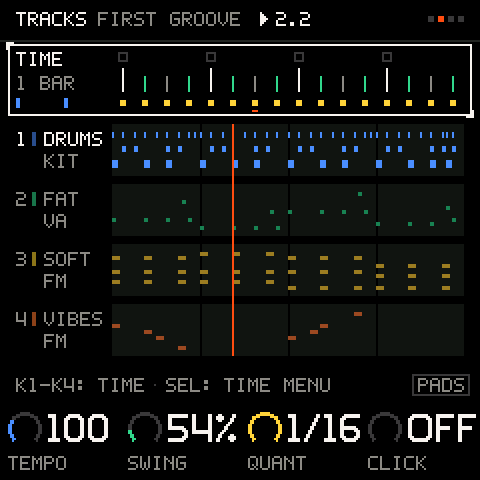 The TIME row: TEMPO, SWING, QUANT and CLICK on the knobs.