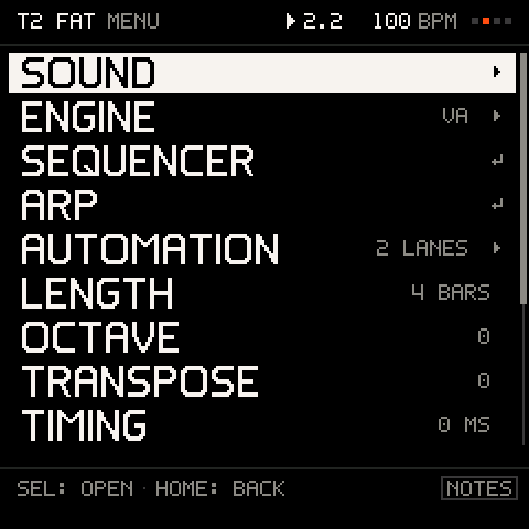SEL on a track: SOUND, ENGINE, SEQUENCER, ARP, AUTOMATION, LENGTH, OCTAVE ...