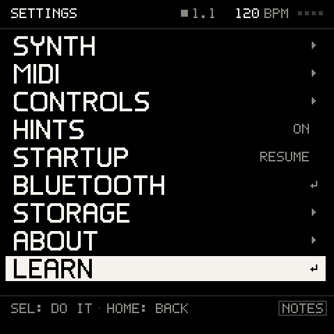The FM-1's SETTINGS screen on Groove OS 1.4, with LEARN as the last row