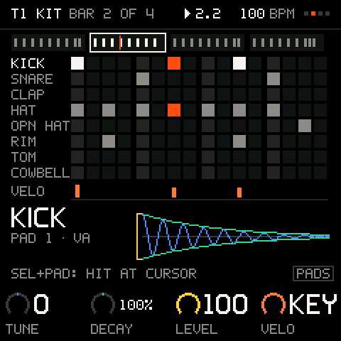The FM-1's KIT step grid: a beat on your own sounds, each pad named after its sample